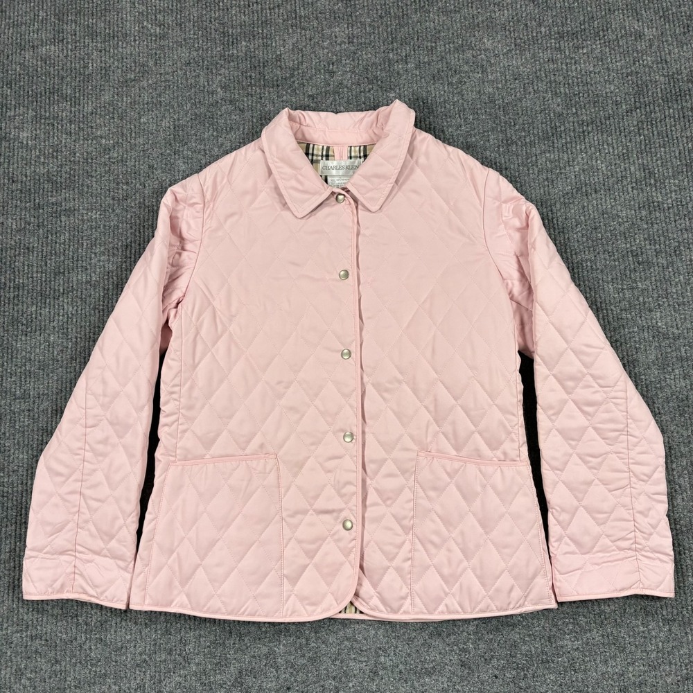 Charles Klein Womens Large Pink Quilted Jacket Plaid Lined Snap Front Coat